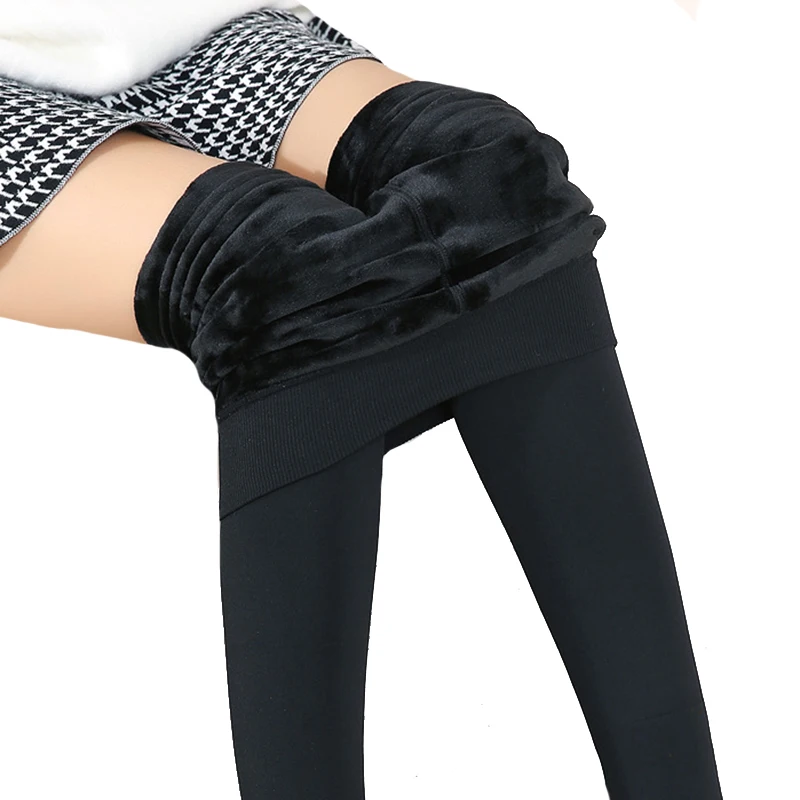 

CUHAKCI Women Velvet Pants Winter Leggings Warm Solid Knitted Thick Elastic Black High Waist Female Black Navy