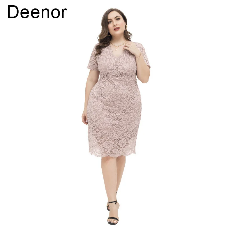 Deenor Plus Size Dresses for Women Slim Lace Wrap Hip V-neck Dress Summer Short Sleeve Elegant Party Dresses