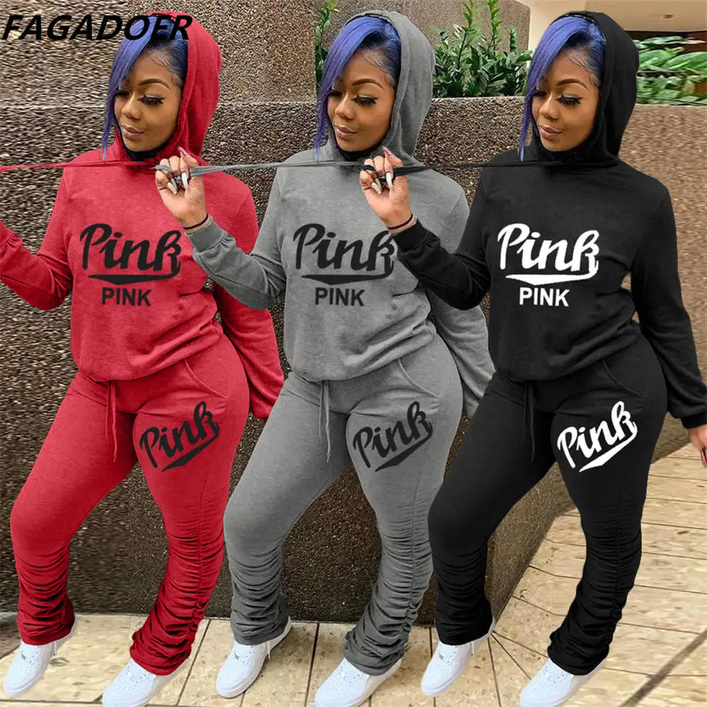 

FAGADOER Hoodies Tracksuits Two Piece Sets Women PINK Letter Print Hoody And Stacked Pants Outfits Female Casual Jogger Clothes
