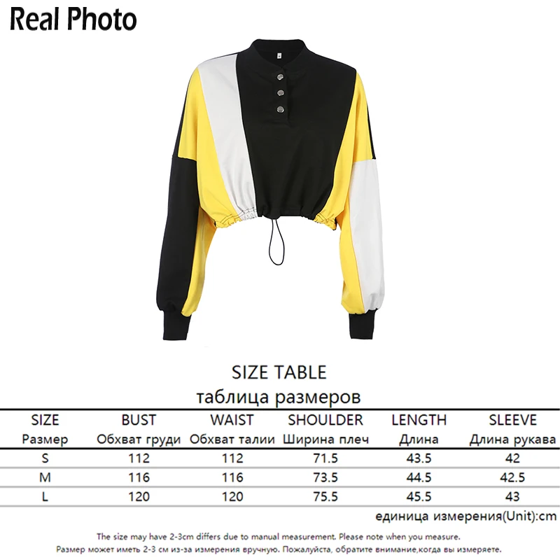

Rapwriter Fashion Panelled Drawstring Hem Harajuku Sweatshirt Women 2020 Streetwear Long Sleeve Crop Top Pullovers Tops Button