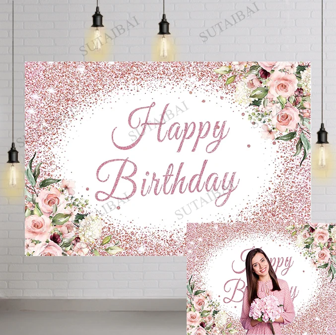 

Happy Birthday Backdrop Pink Rose Glitter Dots Flowers Photography Background Girls Sweet 16 Women Birthday Party Banner
