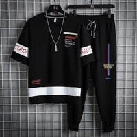mens sports embroidery casual suits spring and summer new ice silk korean fashion t shirt and trousers clothes men sets