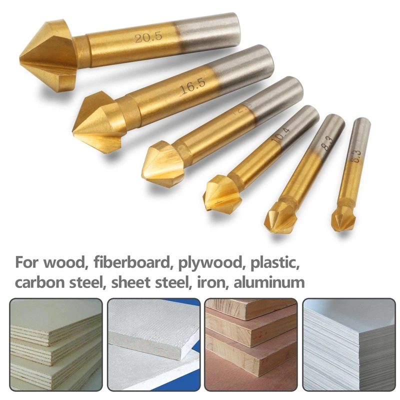 

6 pcs HSS Countersink Drill Bit Set 90 Degree 3 Flute Titanium Chamfer Cutter Mill Drill Bits
