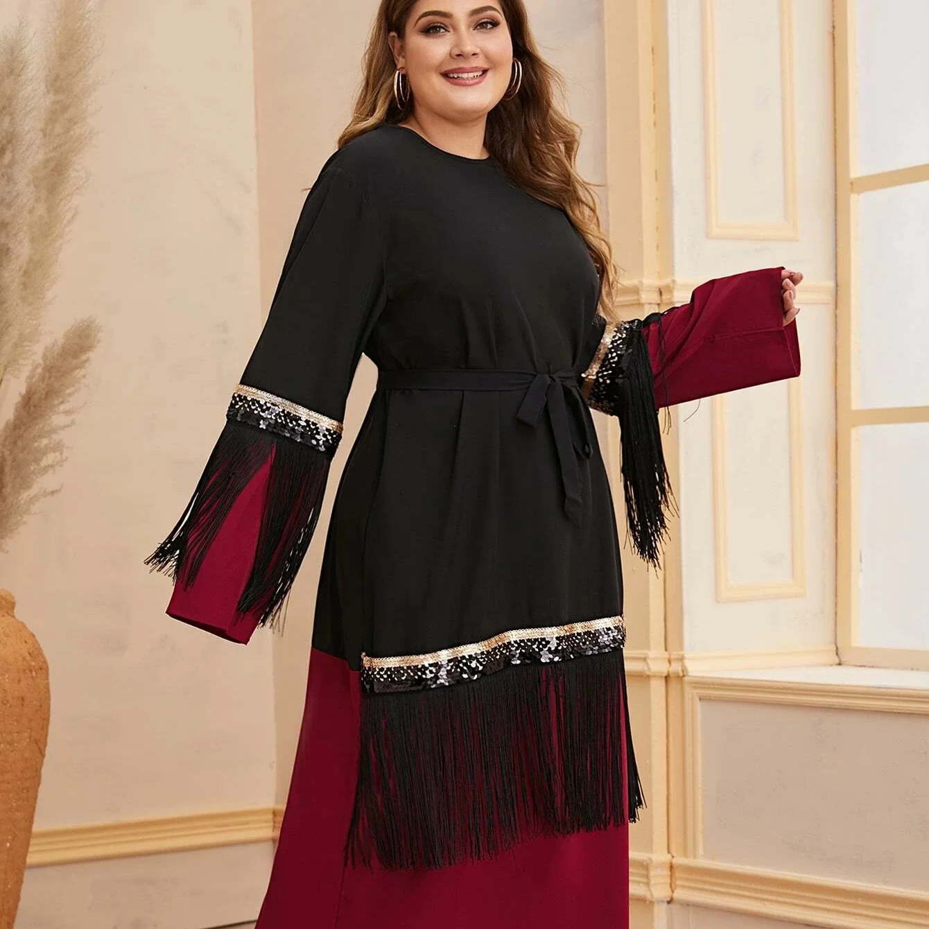 

2021 Muslim New European and American Women's Fashion Sequined Patchwork Tassel Large Size Dress Muslim Fashion Abaya