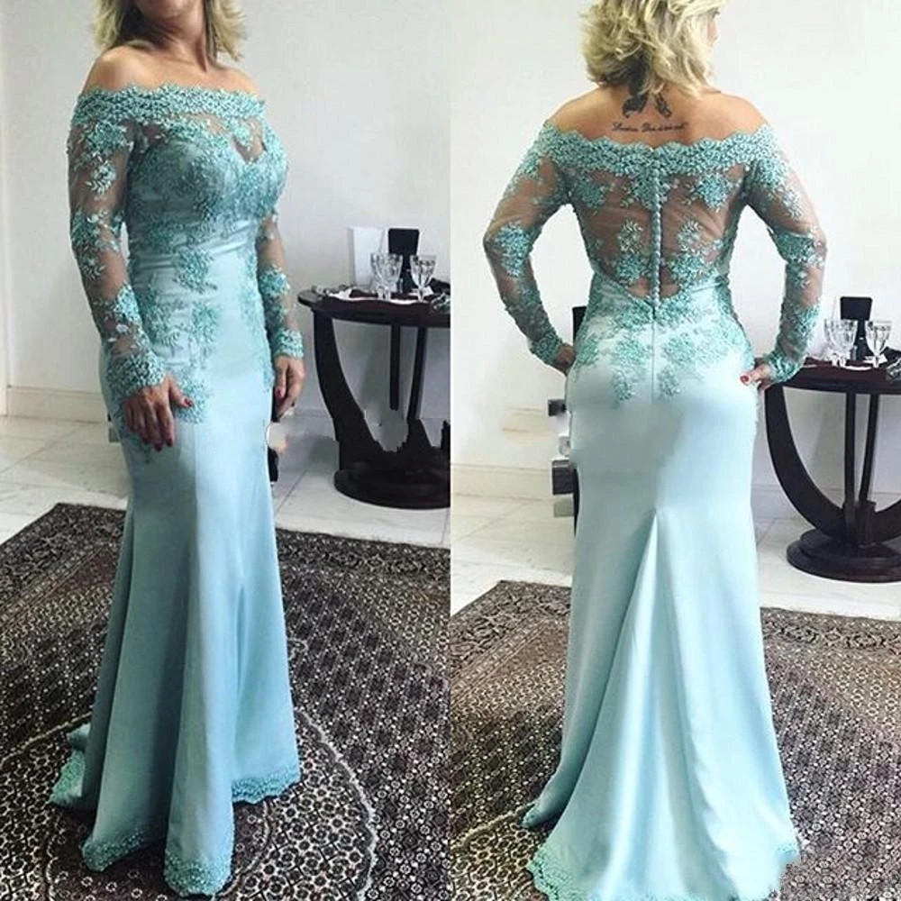 

Applique Bateau Dresses Evening Dress Mermaid Long Sleeve Formal Dresses Prom Party Gown Off-Shoulder Elastic Satin