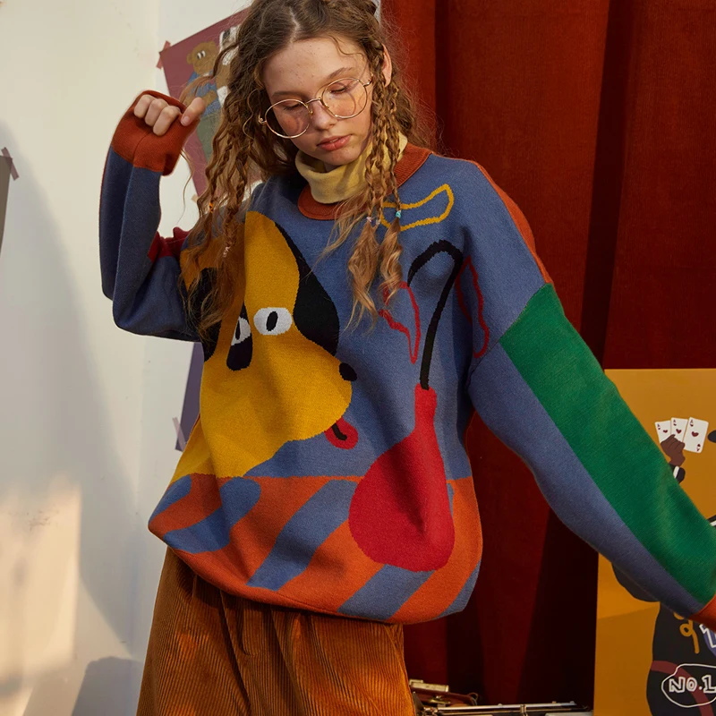 Продажа Свободный мягкий Зимний дизайнерский Женский пуловер Harajuku BF, свитеры с длинным рукавом, цветные строгие топы с мультяшными собаками Купить Свободный мягкий Зимний дизайнерский Женский пуловер Harajuku BF, свитеры с длинным рукавом, цветные строгие топы с мультяшными собаками