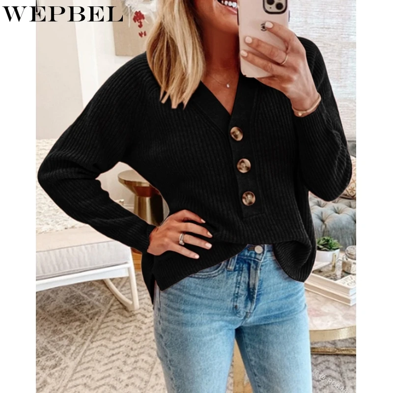 

WEPBEL Sweater Women's Casual Loose Single-Breasted Sweater Autumn Fashion Long Sleeve V-neck Solid Color Sweater