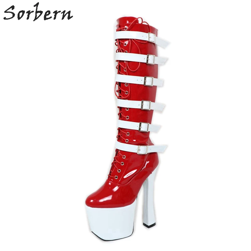 Sorbern Lace Up Round Toe Knee High Boots For Women Zip Straps Buckles Spool Heels Platform New Womens Shoes Size 10 | Обувь