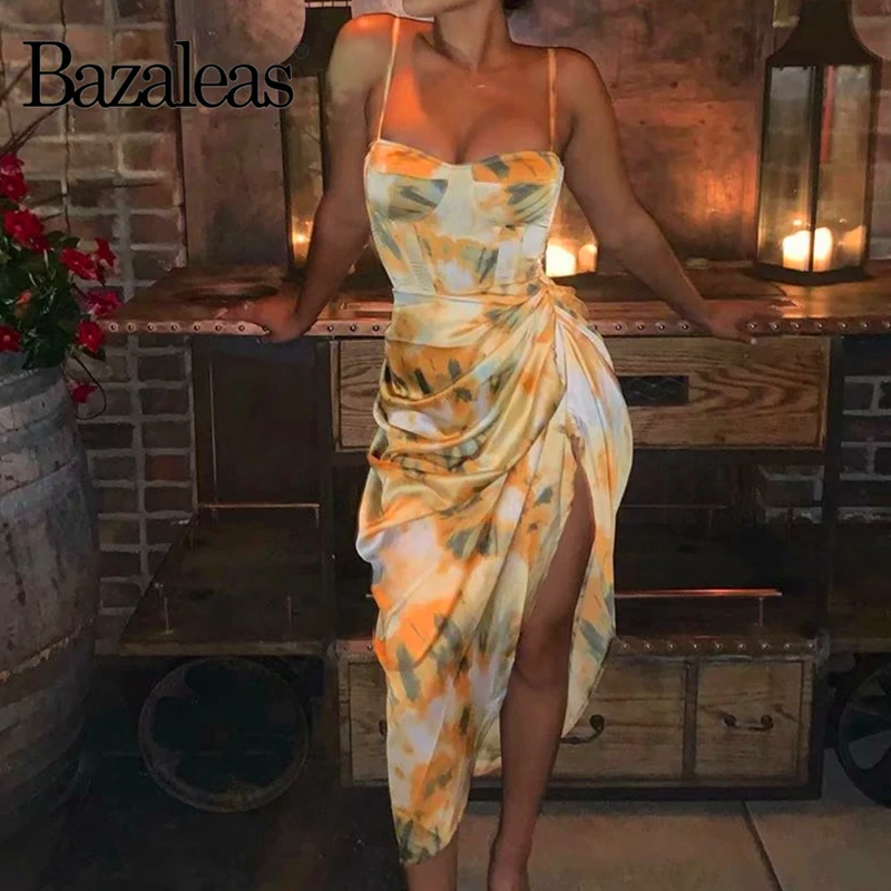 Bazaleas винтажное боковое с рюшами разрезом vestidos сексуальное желтое tie dye платье