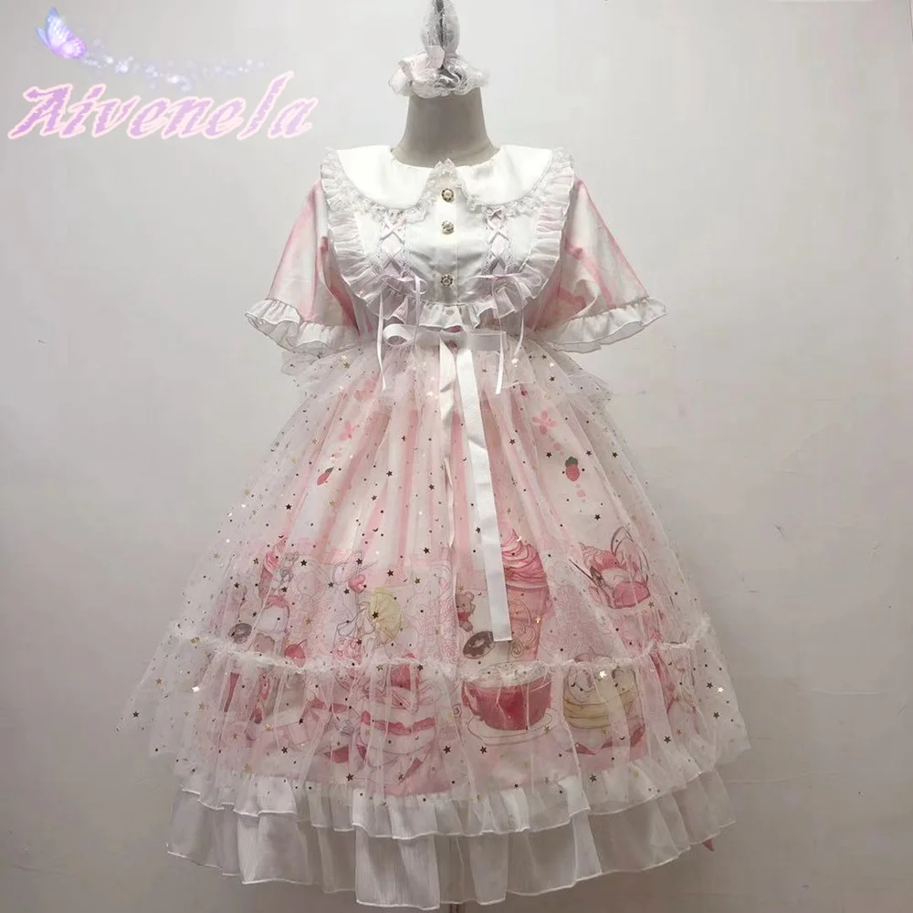 Мягкое платье для девочек в стиле Лолиты с коротким рукавом оборками мультяшным