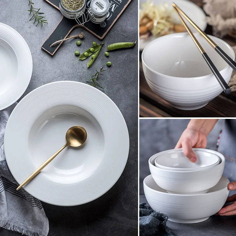 

Набор керамической посуды в скандинавском стиле, простой набор из чистой белой лестницы, чаши для риса и супа, тарелка для спагетти, комбини...