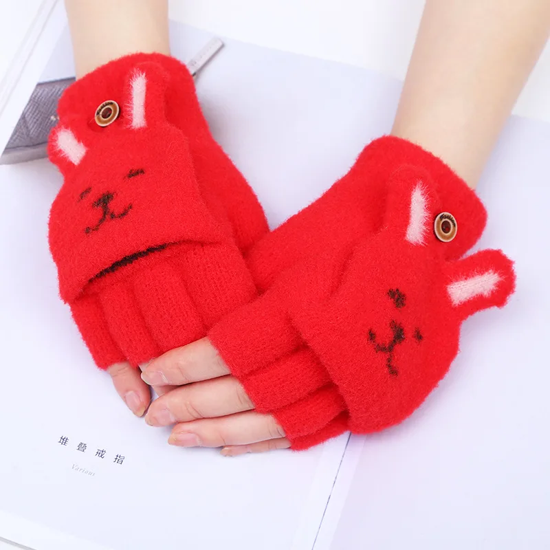 

Winter Warm Soft Women Gloves Solid Color Cute Cartoon Cat Ears Fingerless Mittens Girls Plush Thicken Half Finger Flip Gloves
