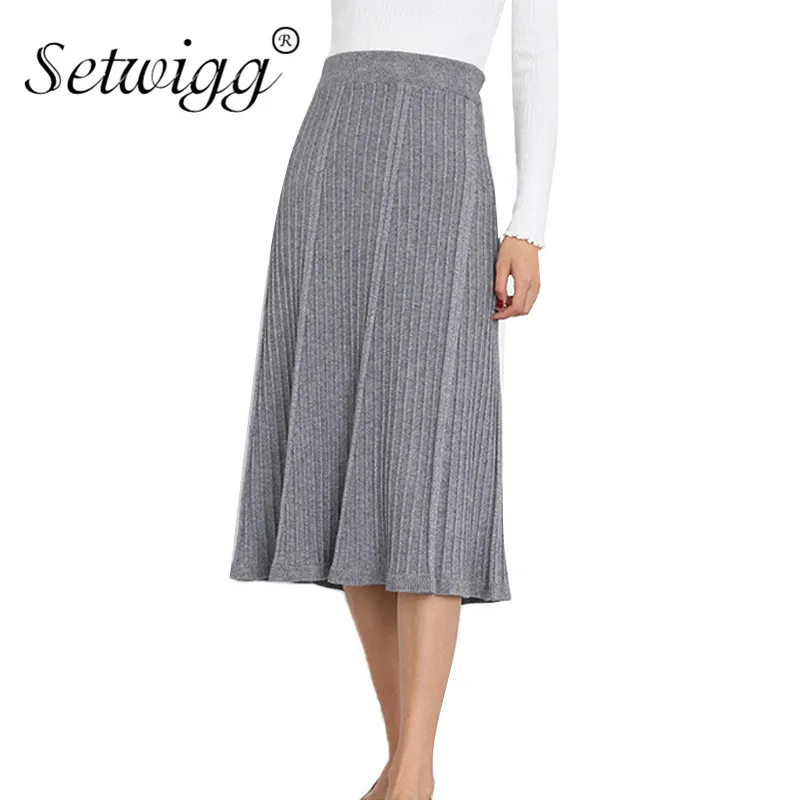 

SETWIGG Winter Warm Cashmere Blend Rib Knitted A-line Long Flounced Skirt Elastic Waist Thick Knit Mid-calf Long Flared Skirts