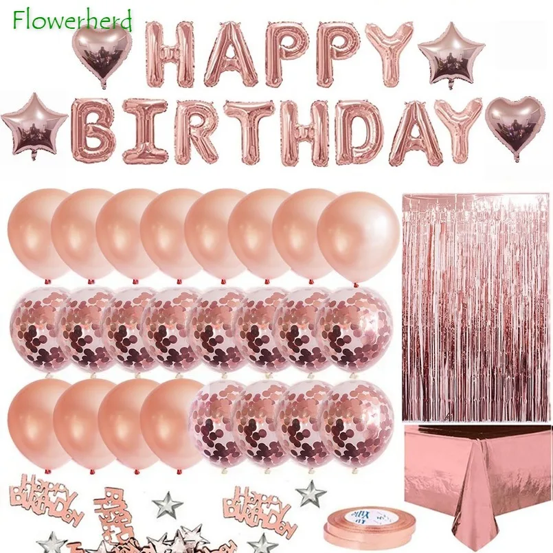 

Rose Gold Happy Birthday Decoration Party Balloons Banner Fringe Curtain Foil Tablecloth Heart Star Confetti Table Women Girl
