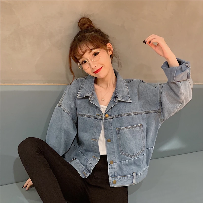

Denim Short Coat Women's Spring and Autumn Loose Korean Style Retro Hong Kong Style Long-Sleeved Top 2021new Ins Fashion