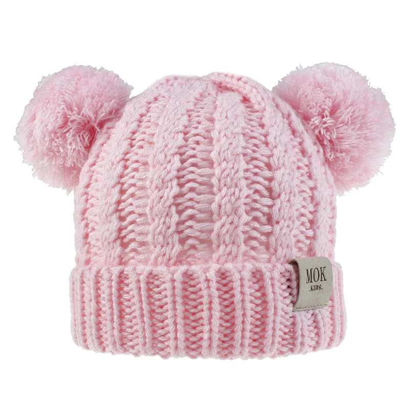 Light pink 12 цветов, детская зимняя шапка, вязаная детская шапочка с помпонами, теплые детские шапки с помпонами для девочек, эластичная детская шапка для мальчиков - Цвет: Light pink