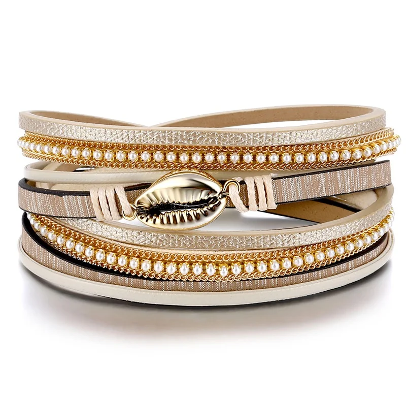 Модный Многослойный кожаный браслет с жемчугом кристаллами и ракушками