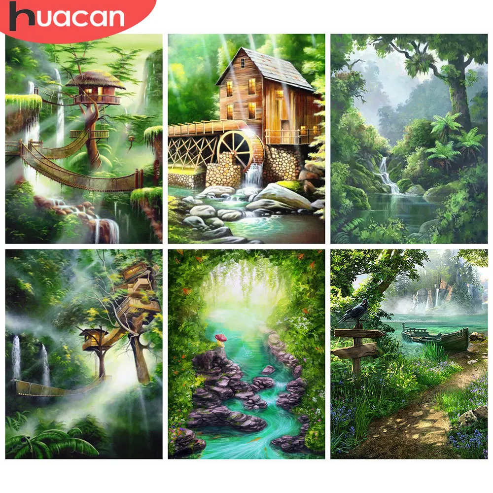 

HUACAN Full Square 5d Diamond Painting House Mosaic Nature DIY Diamond Embroidery Landscape Home Decor Craft Kit