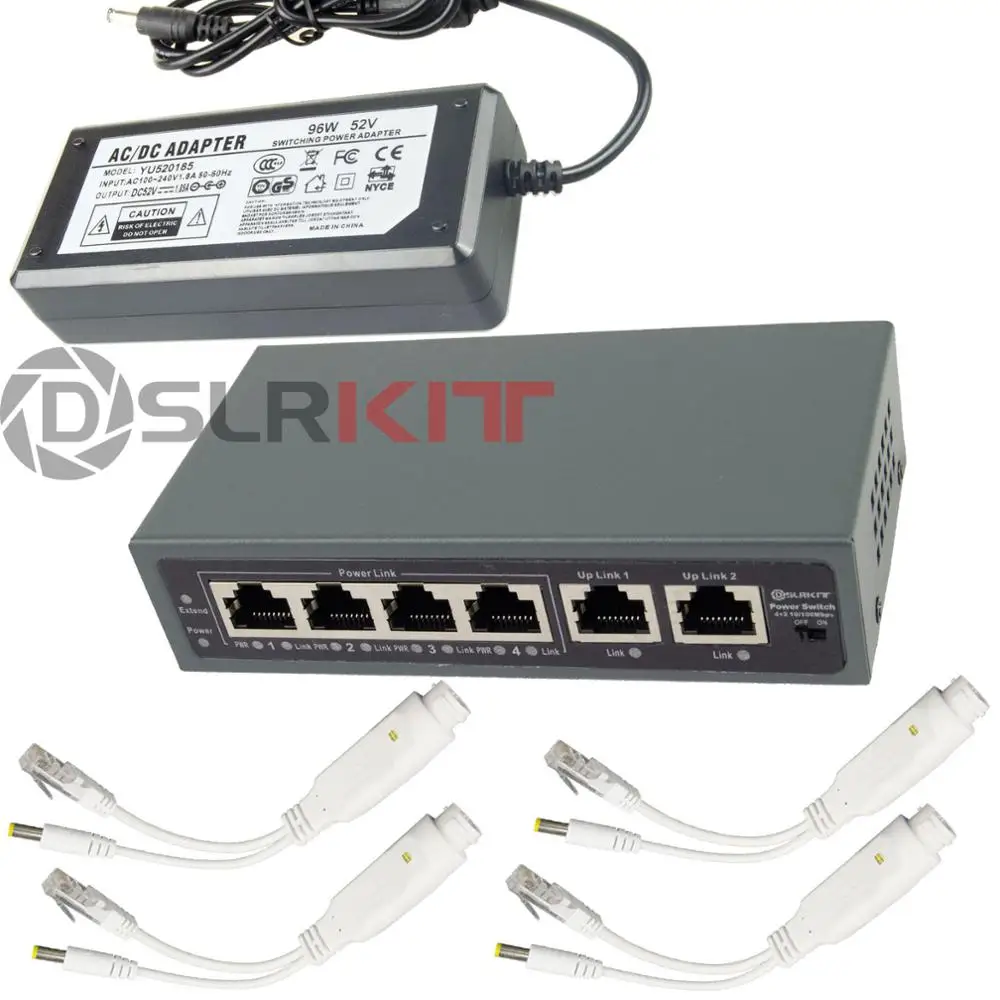 

DSLRKIT 250M 6 Ports 4 PoE 2 Uplink Injector Switch Splitter Kit for 12V DC CCTV IP Camera Max