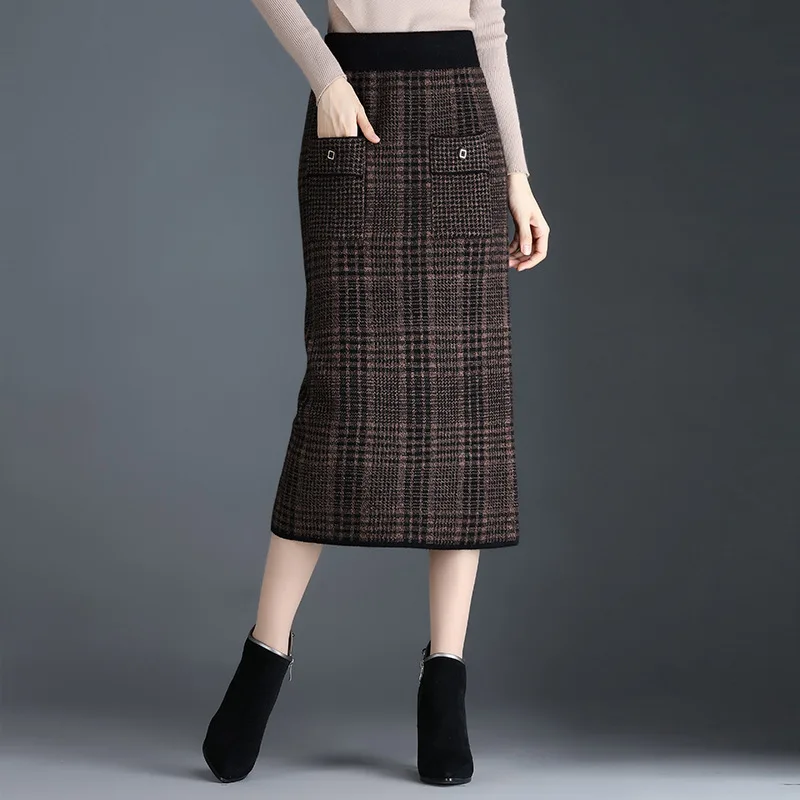 

Винтажная клетчатая трикотажная юбка для женщин на осень и зиму с высокой талией, облегающая повседневная женская элегантная шикарная юбка...