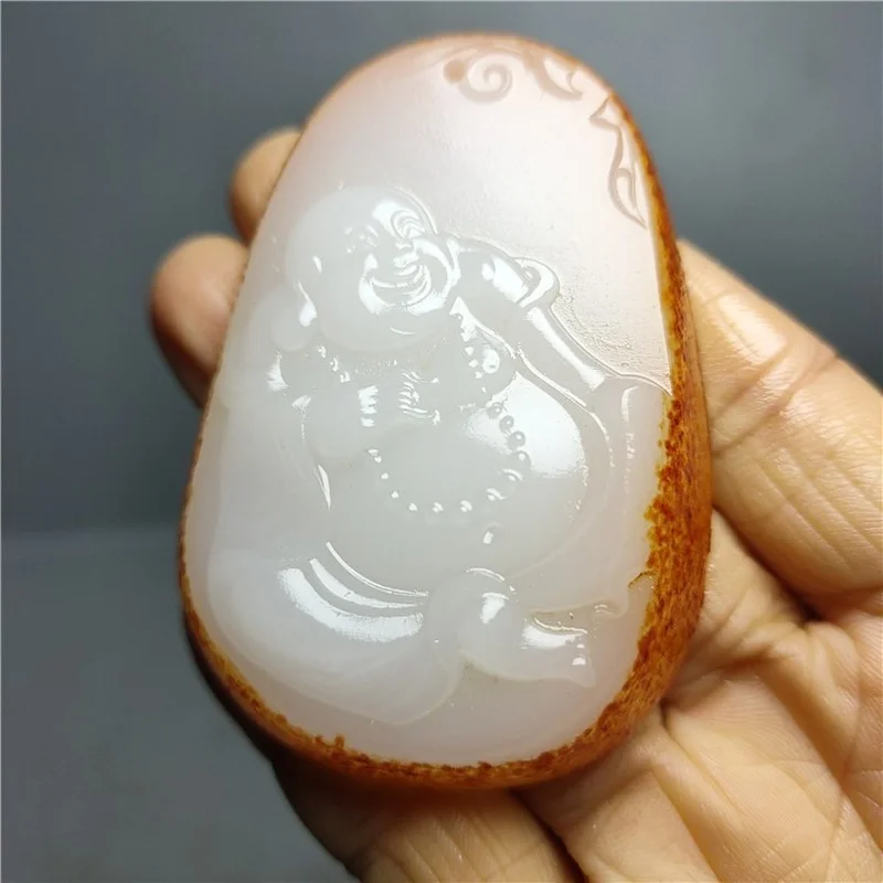 

Natural Chinese White Jade with Leather Hand Carved Buddha Pendant Fashion Boutique Jewelry Men and Women Necklace Popular Gift