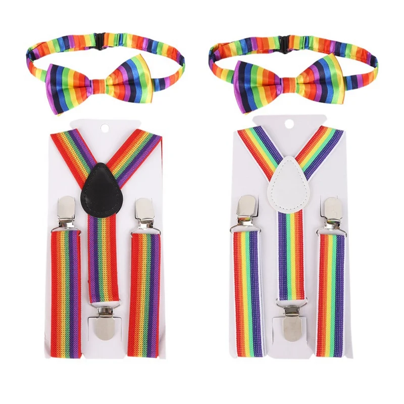 

2pcs British Style Children's Suspenders Casual Fashion Adjustable Braces Elastic Band And Students Rainbow Striped Bow Tie Kit