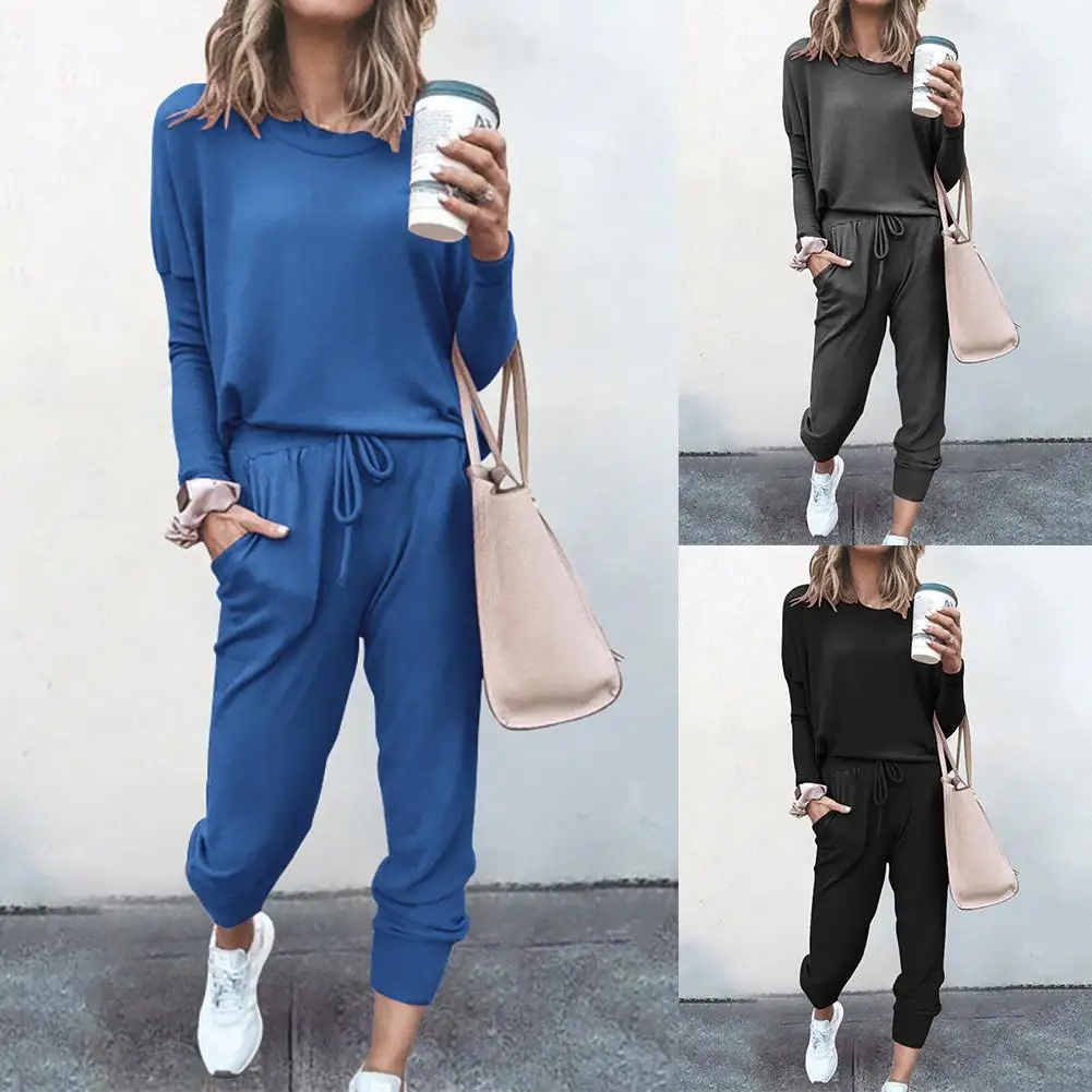 

Women Long Sleeve O Neck Blouse Top Drawstring Pockets Pants Sports Tracksuit