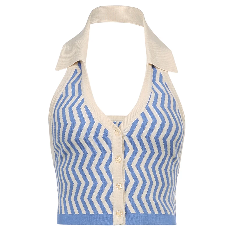

HEYounGIRL Halter Sleeveless Knitted Crop Top Women Sexy Backless Y2K Tank Top Autumn Print V Neck Vest Ladies Button Knitwear