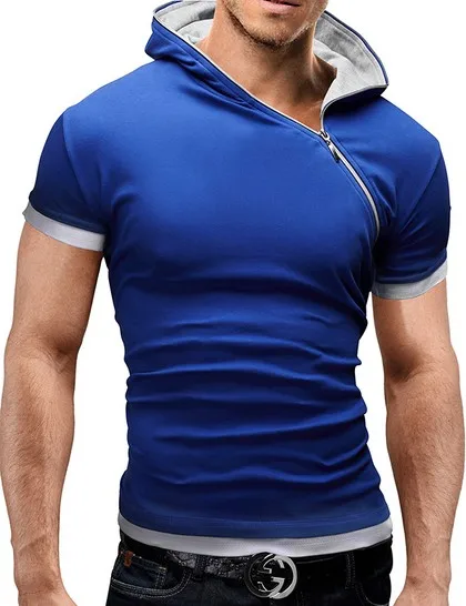 

2021 New Men's Zipper Shirt Tops Tees Summer Cotton V Neck Short Sleeve T Shirt Men Fashion Hooded Slim T Shirts