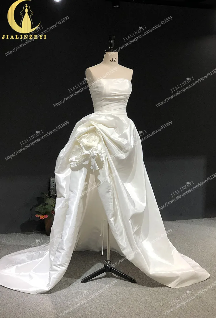 Rhine Real New Strapless Satin High Slit Front Short Long Back Wedding Gown Wedding Dresses 2021 robe de mariage