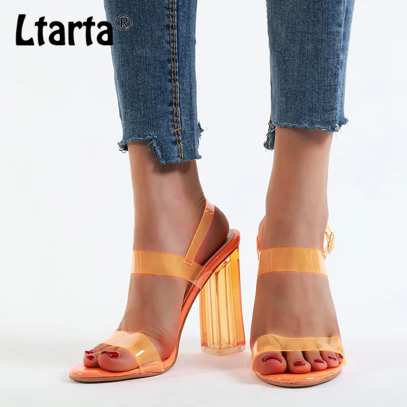 2020 женские пикантные модные сандалии на квадратном каблуке Прозрачный каблук 42