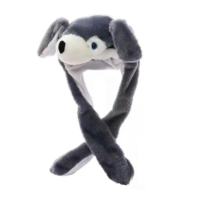 Gray Dog Kocozo, шапка кролика, подвижные уши, милая мультяшная игрушка, шапка, подушка безопасности, Kawaii, забавная шапка-игрушка, Детская плюшевая игрушка, подарок на день рождения, шапка для девочек - Цвет: Gray Dog