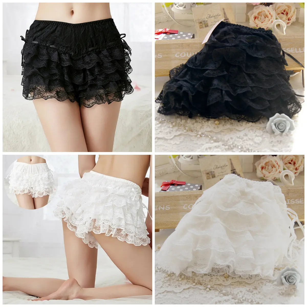 

Women Lolita Casual Bow Safety Shorts Bottoming Culottes Basic Panties Elastic Waist Lace Safety Short Pants Scanties Underwear