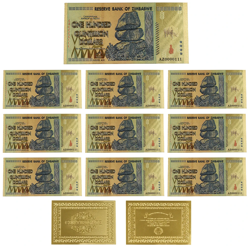 

Festival Souvenir Gifts 999.9 Gold Plated One Hundred Quintillion Zimbabwe Gold Banknote 10pcs Worth Collection
