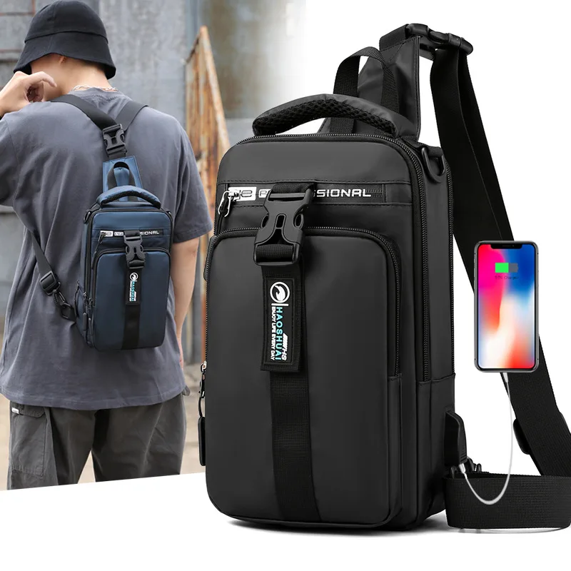 Wesfor Crossbody Bags USB Charging Bicycle Chest Pack Short Trip Messengers Chest Bag Water Repellent Shoulder Bag Male