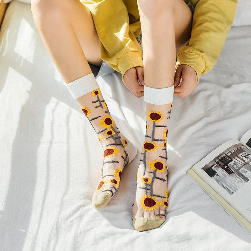 

Summer Fashion Flowers Animal Thin Mesh Tulle Ankle Crystal Silk Socks Transparent Mesh Retro Cute Fishnet Women Cool Socks