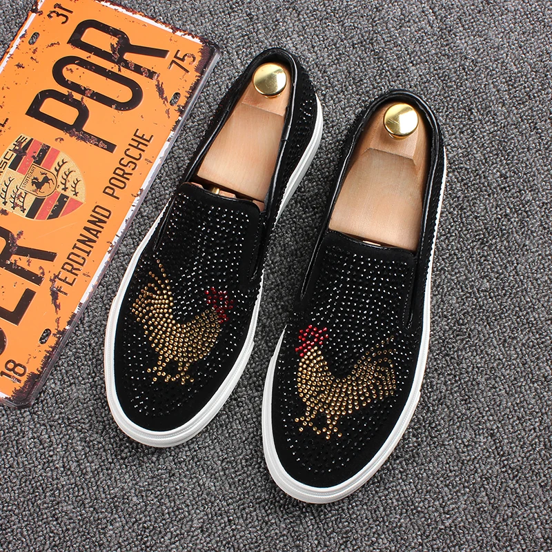 

British style mens casual party banquet dresses cow leather shoes rhinestone slip on lazy shoe flat platform summer loafers mans