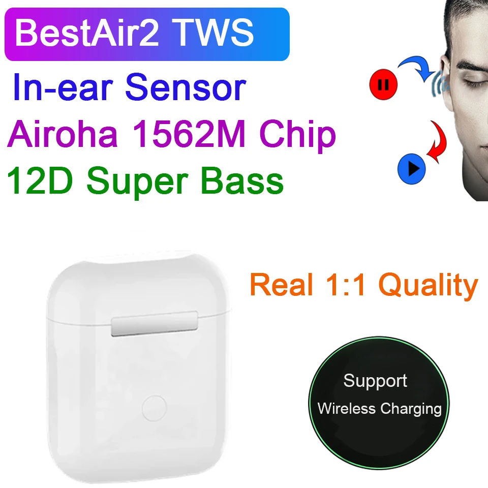 Беспроводные наушники BestAir2 TWS супер клон Air2 12D бас Bluetooth спортивные время