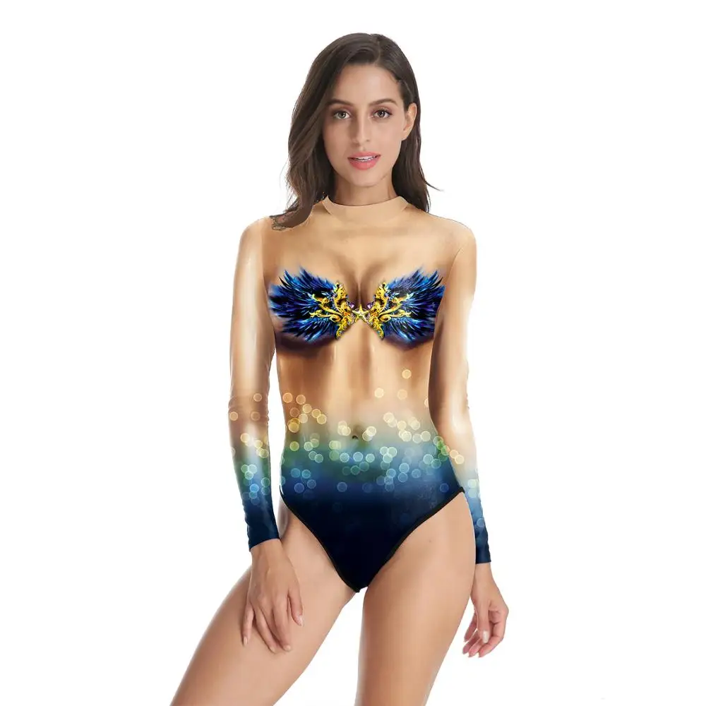 Женский купальник с длинным рукавом телесный цвет сексуальный цифровой принт