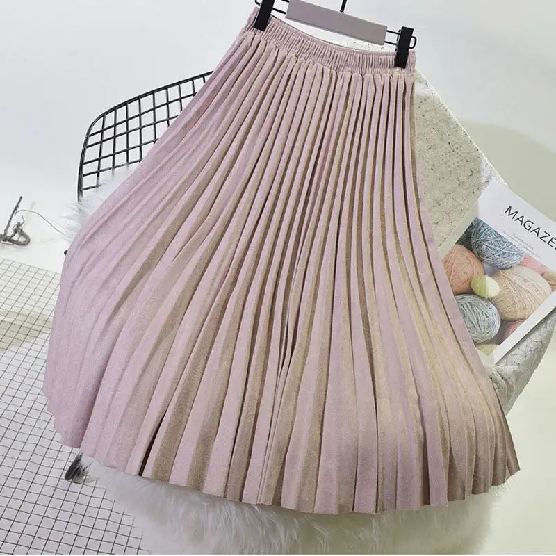 beige pink Deturbg женская элегантная замшевая плиссе в гармошку юбка женская Высококачественная эластичная высокая талия миди юбки Saias Новая мода SK179 - Цвет: beige pink