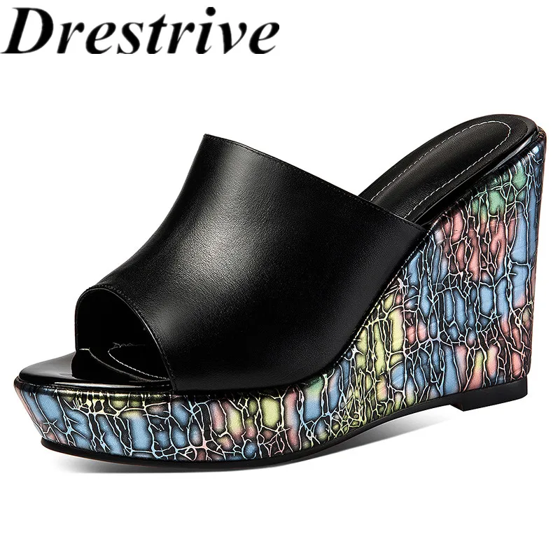 

Drestrive Women Sandals Cow Leather Platform Wedges Black 2021 Summer High Heel Shoes Peep Toe Mixed Colors Slippers Outside