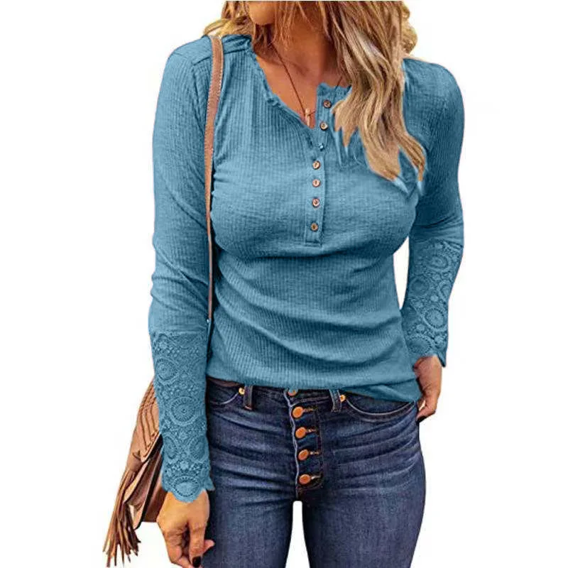 

Lace Hollow Out Solid Woman Top Tee Buttons O-Neck Long Sleeve T Shirts for Women 2021 Fall New Casual Undershirt Female Tops