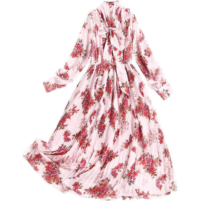 

SHUCHAN Bohemian Pleated Chiffon Print Long Dress Pink 2021 Women Fashion Clothing Mid-Calf Chiffon Vestidos Women Dresses