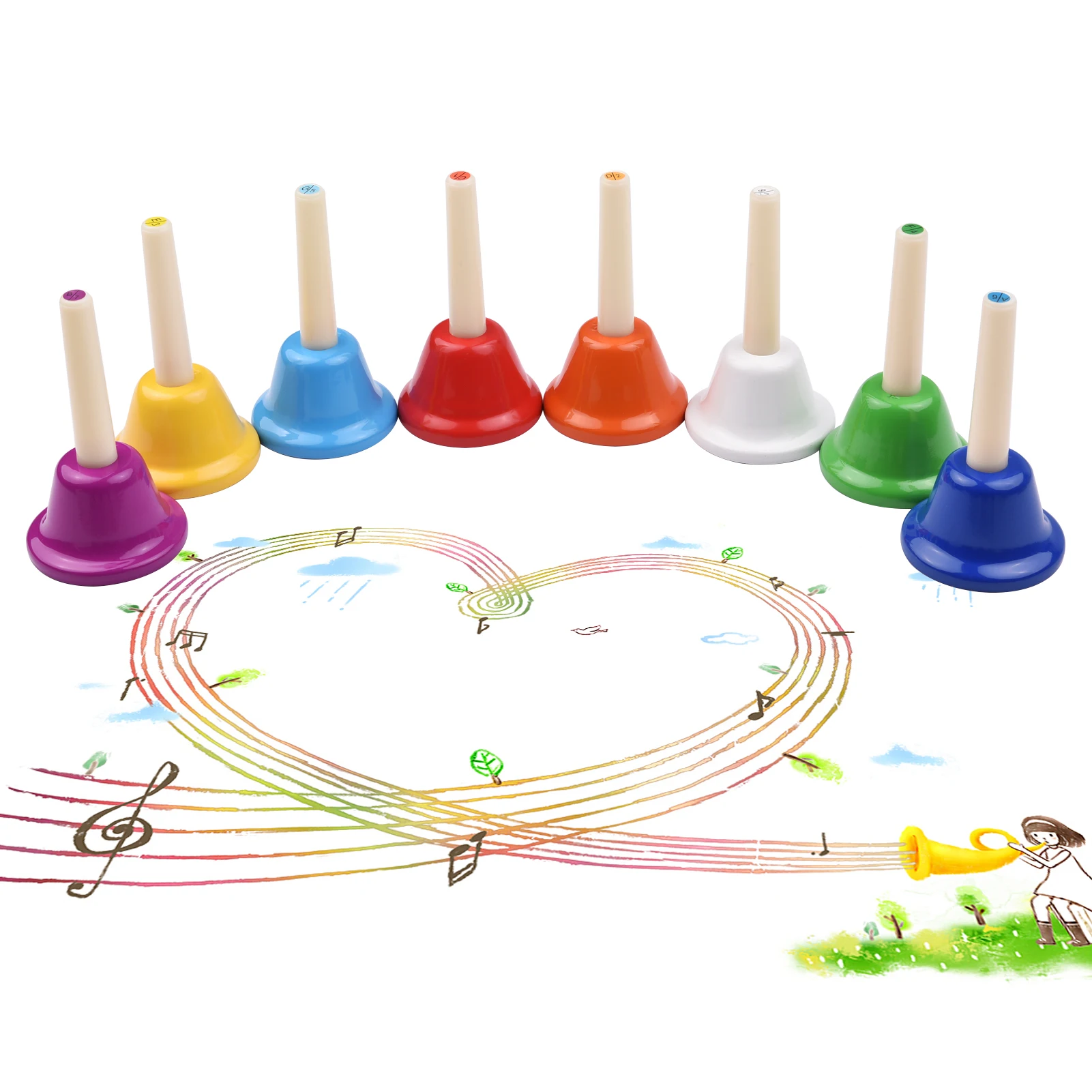 

ammoon 8pcs Colorful Handbell 8 Note Diatonic Metal Hand Bells Set Tinkle Bells Percussion Instrument Toy for Kids Children