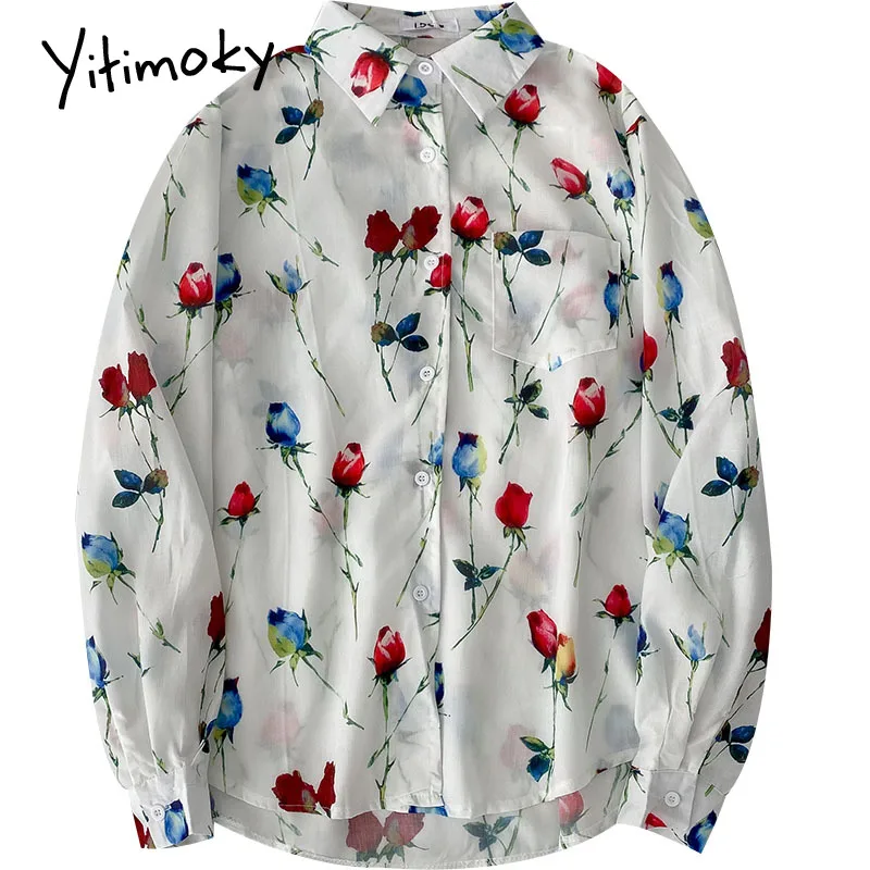 

Yitimoky Shirt Women Korean Fashion Printing Vintage Floral Long Sleeve Top 2021 Spring summer New Casual Turn-down Ladies Top
