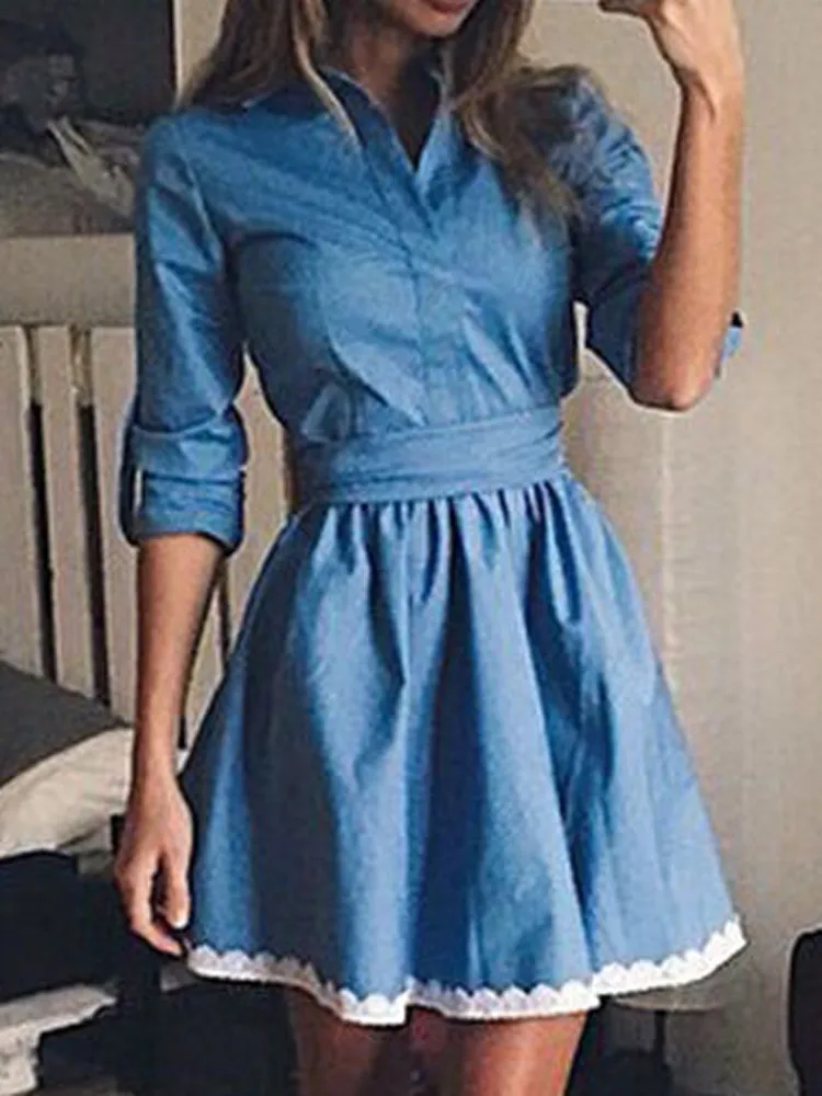 Женское платье элегантное модное джинсовое кружевное короткое мини 2019