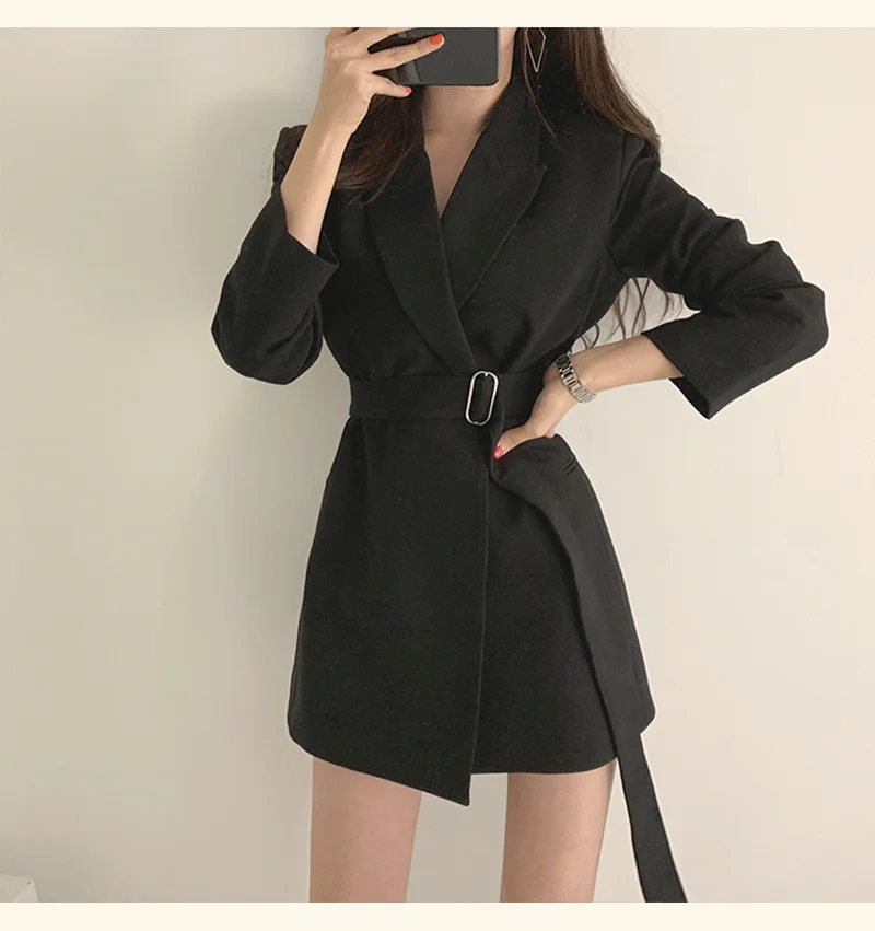 

Autumn Women's Long Blazers Jacket with Belt Female Notched Outerwear Office Lady Coat England Style Cardigan Black Blazer