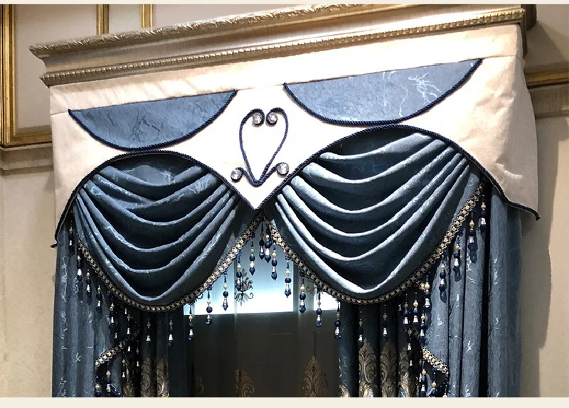 

European Style Curtains High-end Hollow Embroidery for Living Room Villa Blue Chenille Embroidery Curtains Tulle Valance Custom