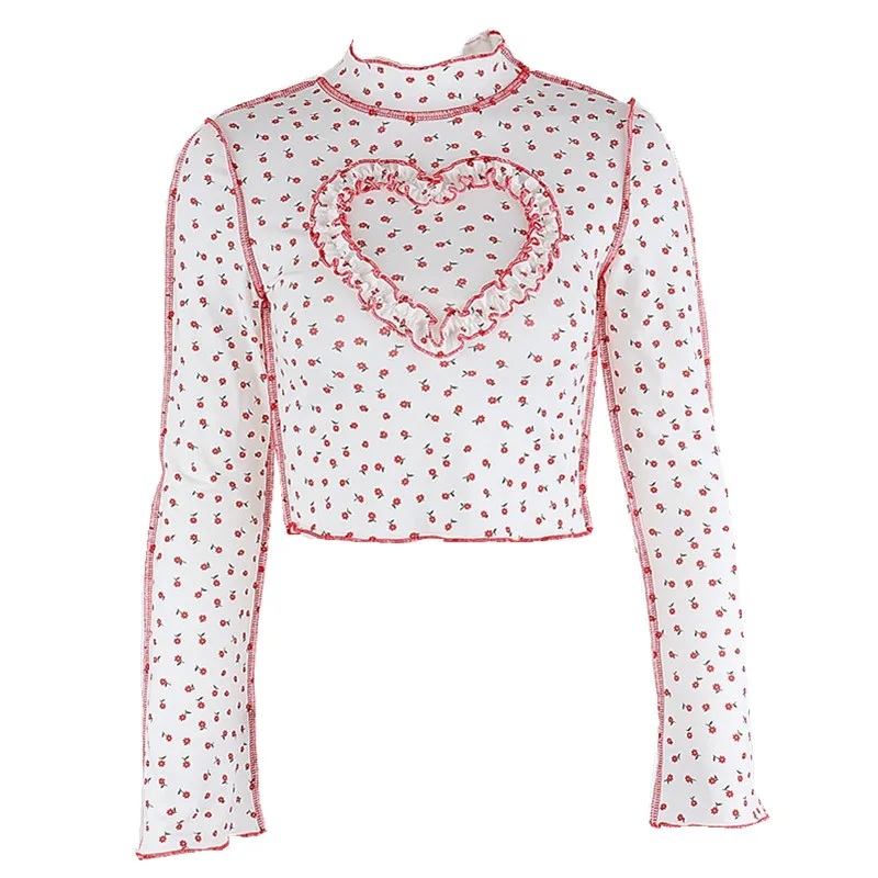 

HOT Women's Sexy Floral Love Printing Crop Tops Long Sleeve T-shirt Casual Slim High Collar Open Navel Top