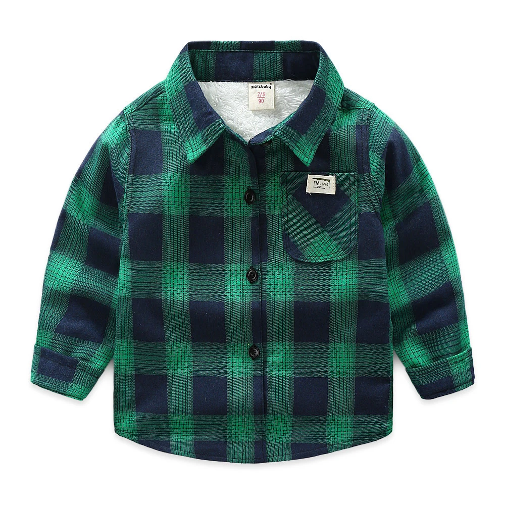 

Mudkingdom Autumn Winter Long Sleeve Plus velvet Classic Plaid Lapel Shirts Tops Pocket Baby Boys Shirt Casual Kids Clothing